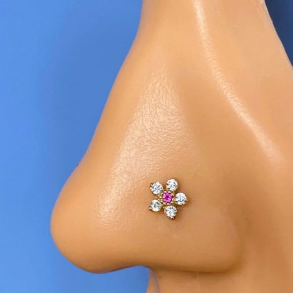 14kt Diamond Flower Nosestud Made With Cubic Zirconia Diamonds &14kt Solid Gold - Picture 1 of 2